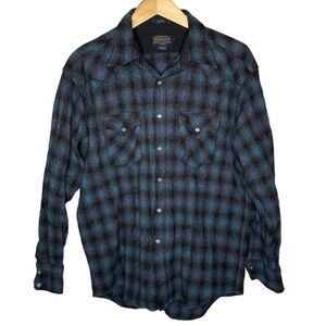 Pendleton virgin wool flannel button down plaid shirt canyon large blue black